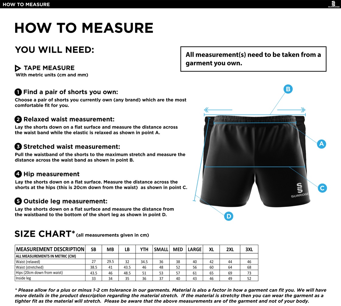 Typhoons RUFC Dual Shorts Navy - Size Guide