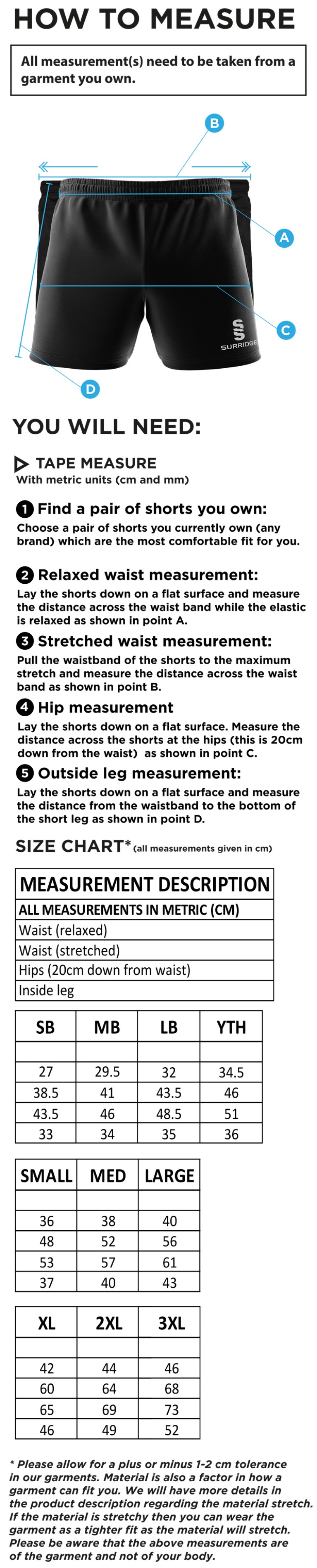 Typhoons RUFC Dual Shorts Navy - Size Guide