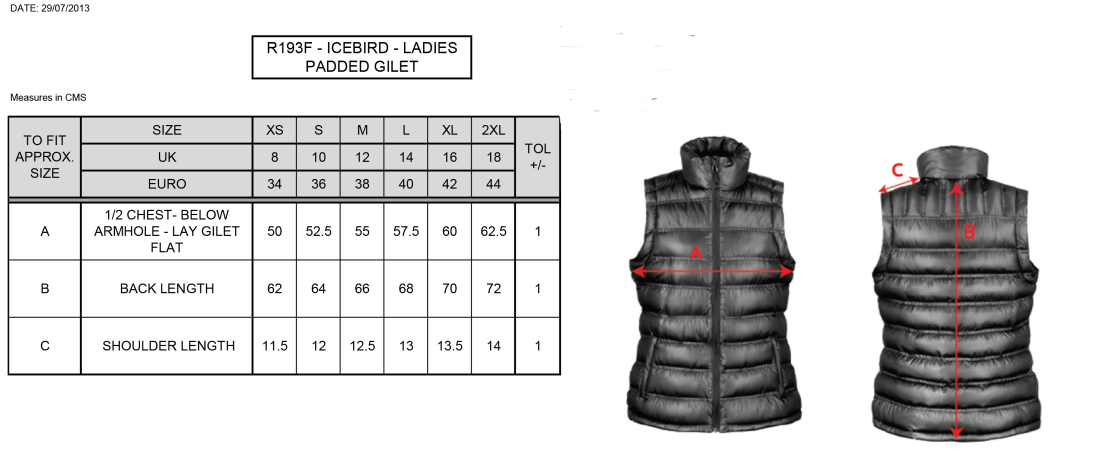 Typhoon Ice Bird Padded Gilet Female - Navy - Size Guide
