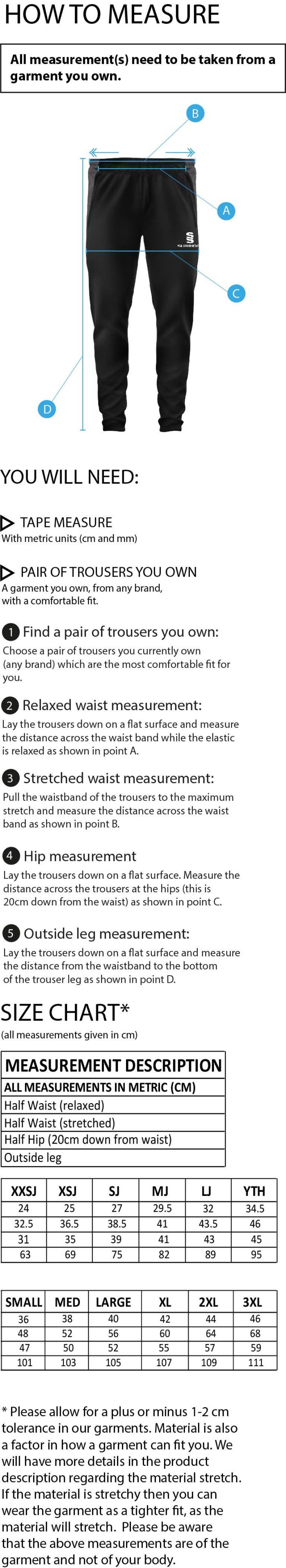 Typhoons RUFC Tek Slim Pant Navy - Size Guide