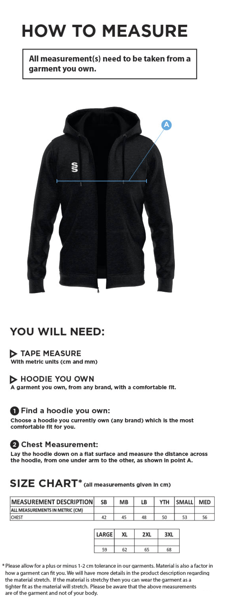 Typhoons RUFC Dual Full Zip Hoody Navy/Sky - Size Guide