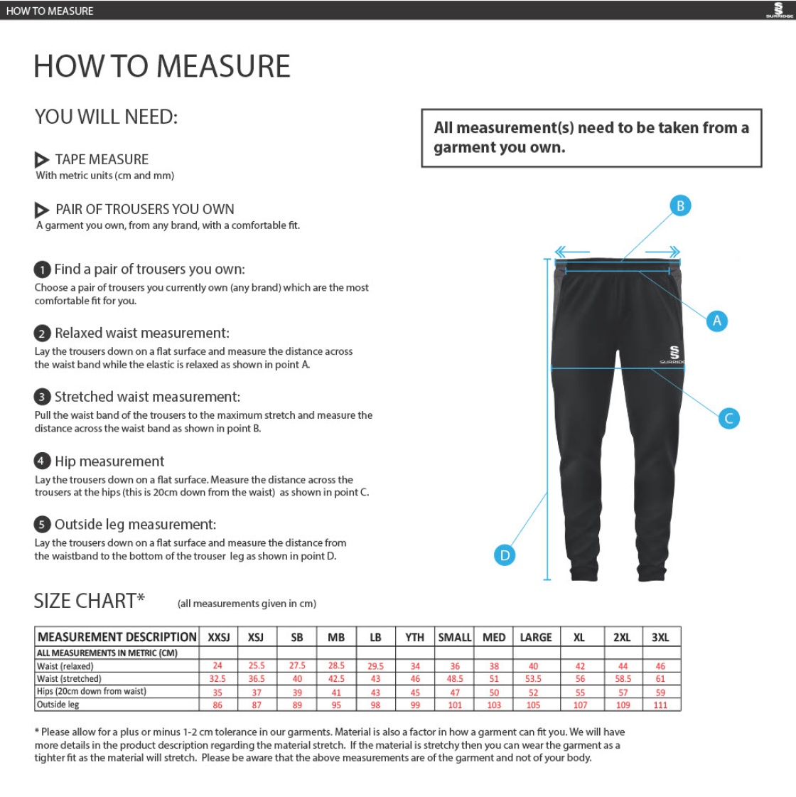 Typhoons RUFC Tek Slim Pant Navy - Size Guide